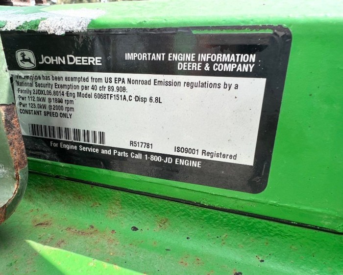 2002 JOHN DEERE 6068TF151A ENGINE 165HP